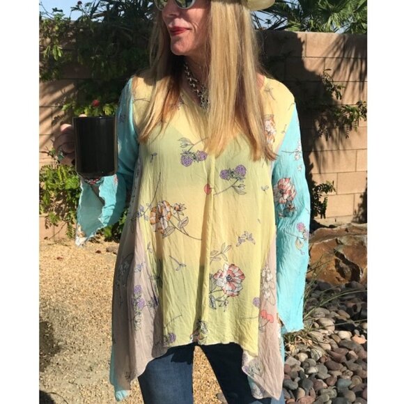 Johnny Was Tops - JOHNNY WAS Turquoise Yellow Taupe Floral Print Boho Sheer Cupra Rayon Blouse S